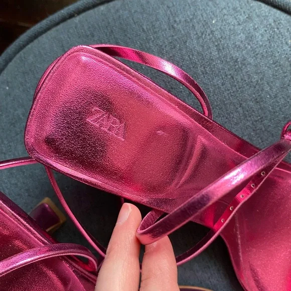 Zara Pink metallic minimal kitten Heels Strappy Sandals 38 - Picture 2 of 7